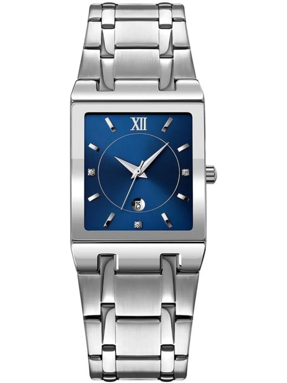Men's Silver Blue Square Dial Waterproof Analog Quartz Stainless Steel Watches